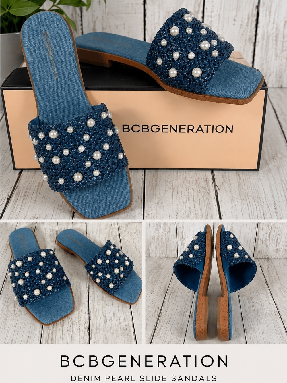BCBGeneration Lonnie Imitation Pearl Denim Blue Raffia Slide Sandals 7 NIB